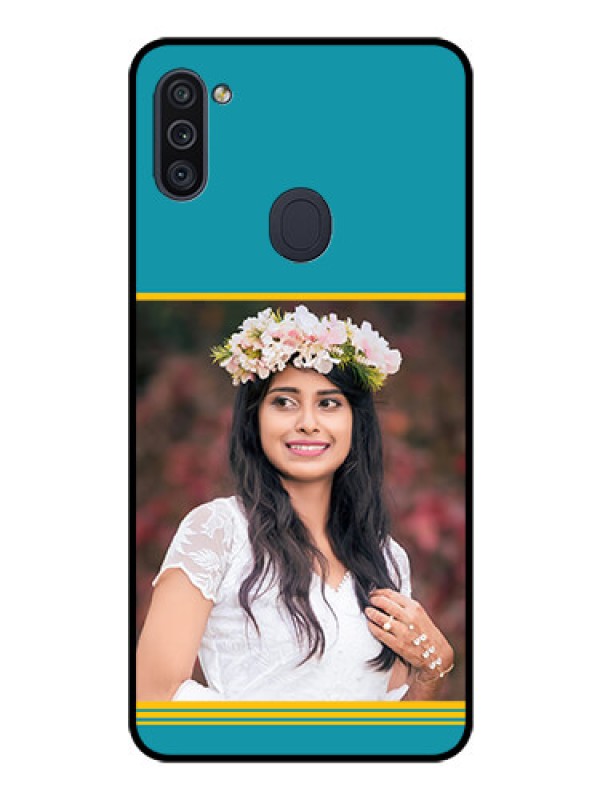 Custom Galaxy M11 Custom Glass Phone Case - Yellow & Blue Design 