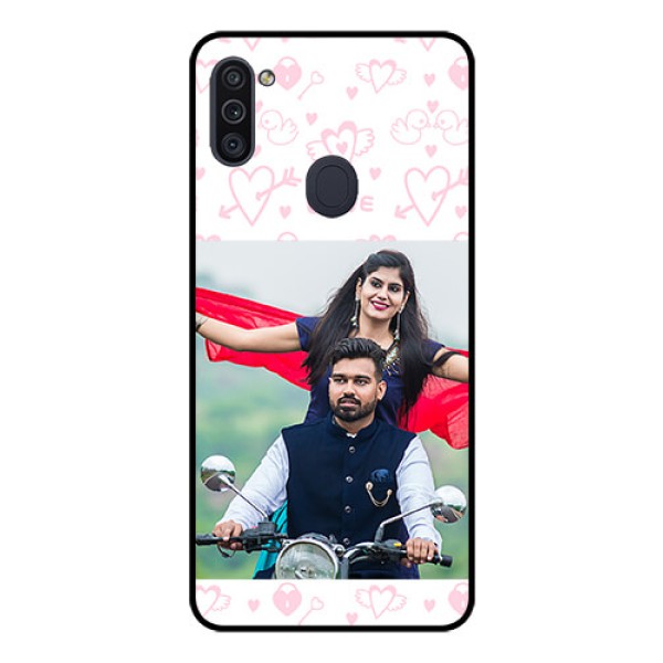 Galaxy M11 Custom Glass Mobile Case - Pink Flying Heart Design