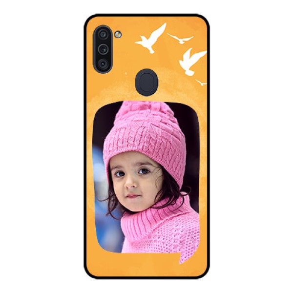 Galaxy M11 Personalized Glass Phone Case - Water Color Design with Bird Icons