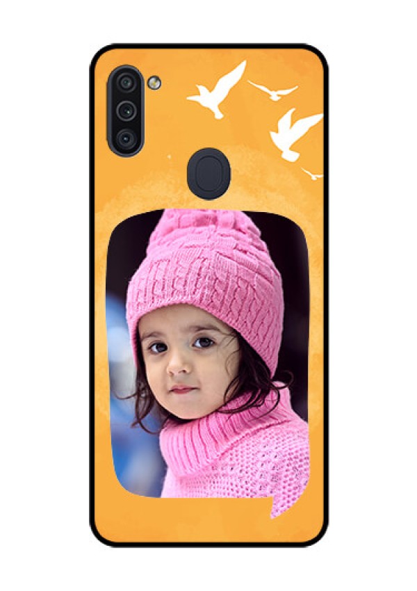 Galaxy M11 Personalized Glass Phone Case - Water Color Design with Bird Icons