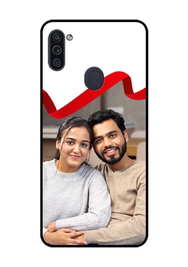 Galaxy M11 Photo Printing on Glass Case - Red Ribbon Frame Design