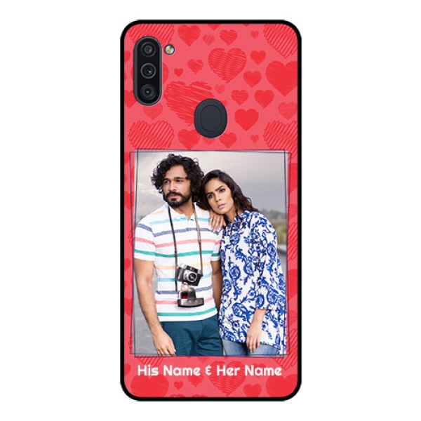 Galaxy M11 Photo Printing on Glass Case - with Red Heart Symbols Design Galaxy M11 Photo Printing on Glass Case - with Red Heart Symbols Design
