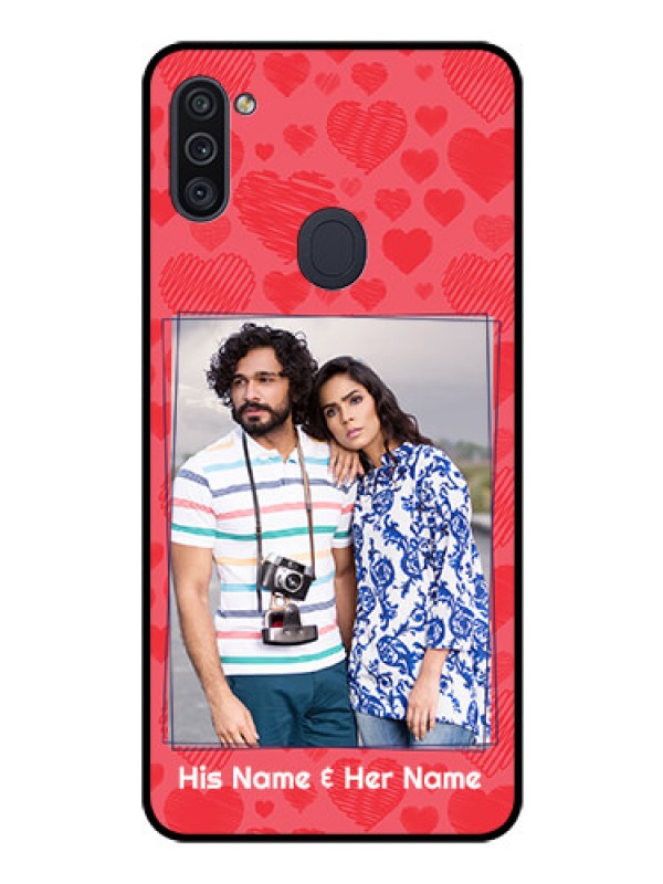 Custom Galaxy M11 Photo Printing on Glass Case - with Red Heart Symbols Design
