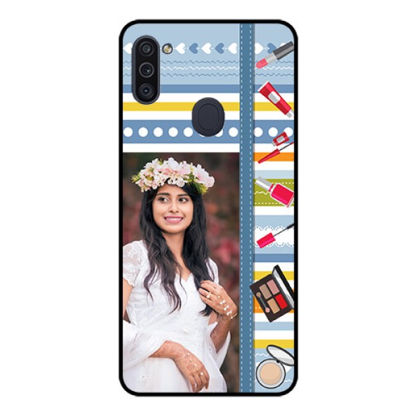 Galaxy M11 Personalized Glass Phone Case - Makeup Icons Design