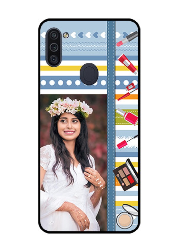 Galaxy M11 Personalized Glass Phone Case - Makeup Icons Design