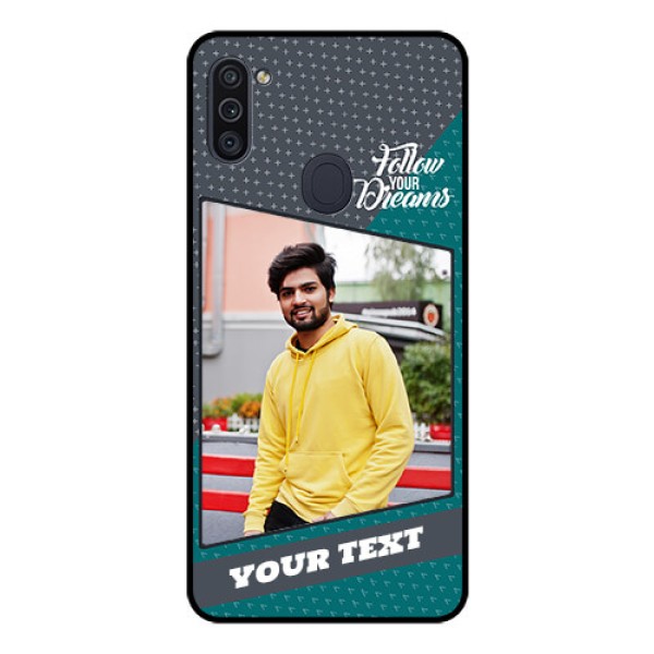 Galaxy M11 Personalized Glass Phone Case - Background Pattern Design with Quote Galaxy M11 Personalized Glass Phone Case - Background Pattern Design with Quote