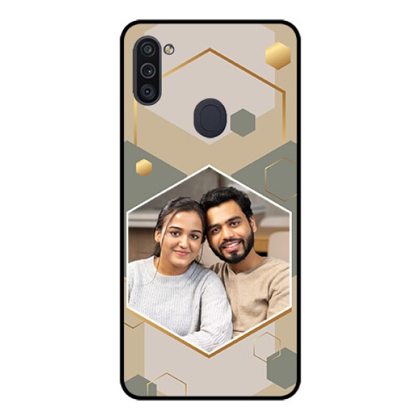 Galaxy M11 Photo Printing on Glass Case - Stylish Hexagon Pattern Design Galaxy M11 Photo Printing on Glass Case - Stylish Hexagon Pattern Design