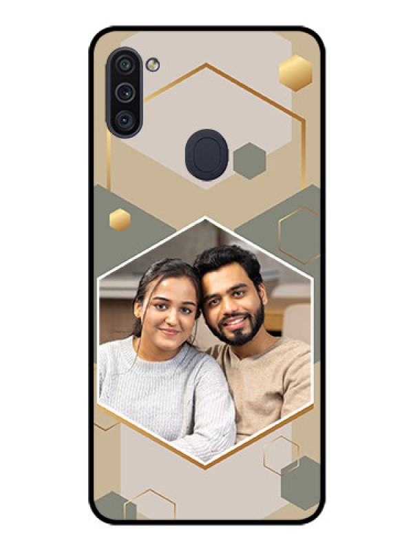 Custom Galaxy M11 Photo Printing on Glass Case - Stylish Hexagon Pattern Design