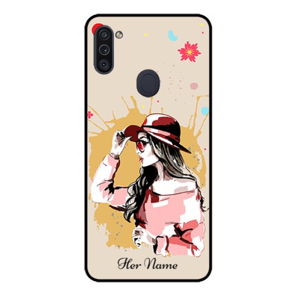 Galaxy M11 Photo Printing on Glass Case - Women with pink hat Design Galaxy M11 Photo Printing on Glass Case - Women with pink hat Design