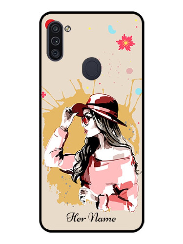 Custom Galaxy M11 Photo Printing on Glass Case - Women with pink hat Design