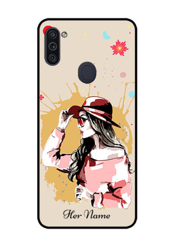 Galaxy M11 Photo Printing on Glass Case - Women with pink hat Design