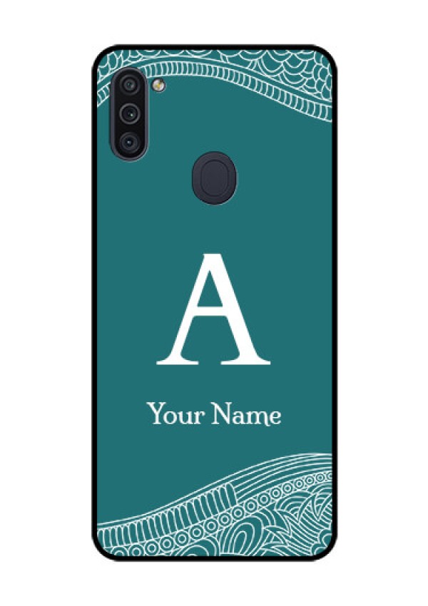 Galaxy M11 Personalized Glass Phone Case - line art pattern with custom name Design