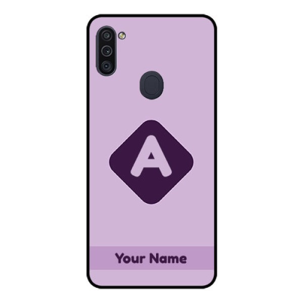Galaxy M11 Custom Glass Mobile Case - Custom Letter in curved badge Design Galaxy M11 Custom Glass Mobile Case - Custom Letter in curved badge Design