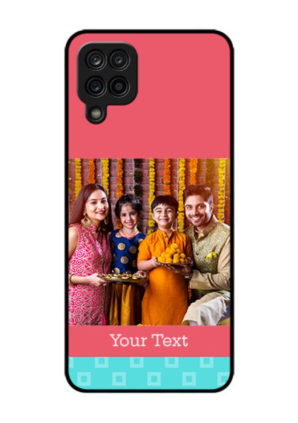 Galaxy M12 Personalized Glass Phone Case - Peach & Blue Color Design