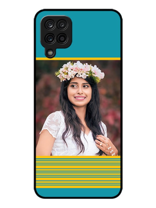 Custom Galaxy M12 Custom Glass Phone Case - Yellow & Blue Design 