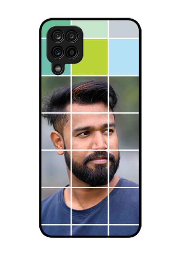 Galaxy M12 Photo Printing on Glass Case - with white box pattern 
