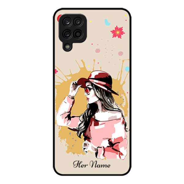 Galaxy M12 Photo Printing on Glass Case - Women with pink hat Design Galaxy M12 Photo Printing on Glass Case - Women with pink hat Design