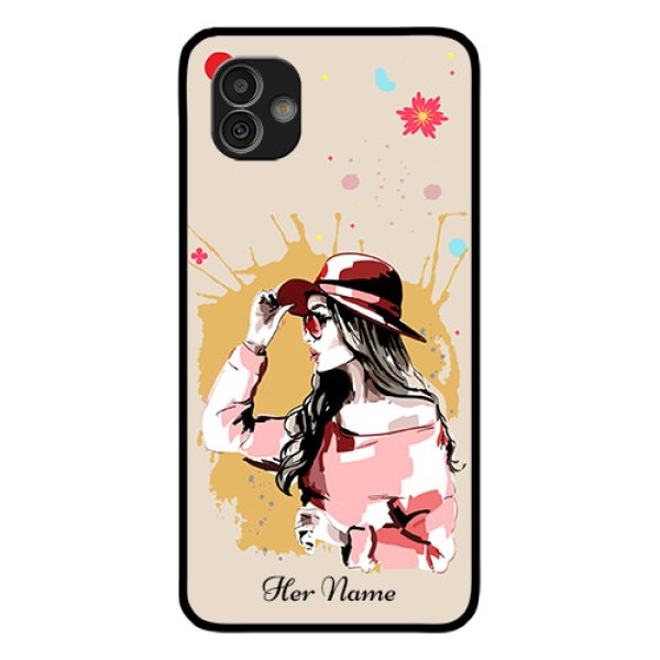 Galaxy M13 5G Photo Printing on Glass Case - Women with pink hat Design Galaxy M13 5G Photo Printing on Glass Case - Women with pink hat Design
