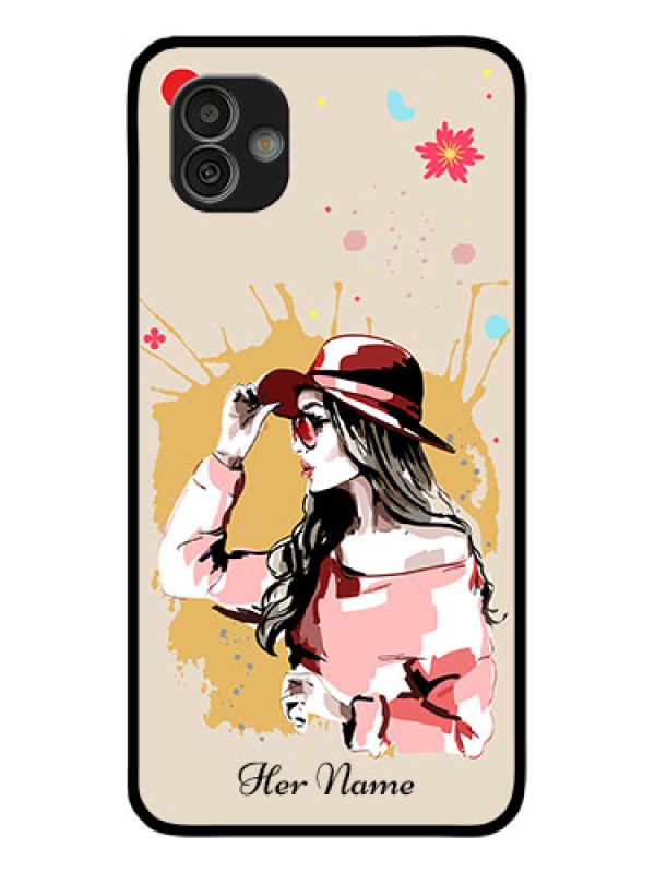 Custom Galaxy M13 5G Photo Printing on Glass Case - Women with pink hat Design
