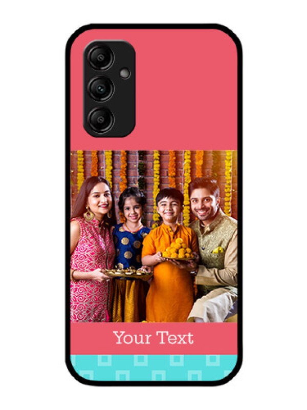 Custom Galaxy M14 5G Personalized Glass Phone Case - Peach & Blue Color Design