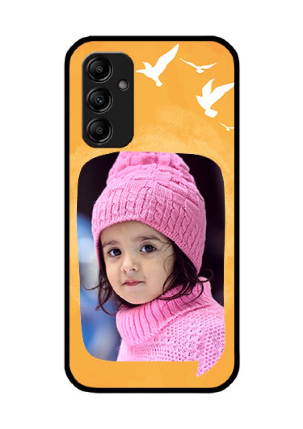 Galaxy M14 5G Personalized Glass Phone Case - Water Color Design with Bird Icons