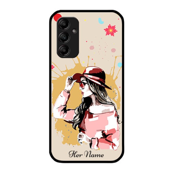 Galaxy M14 5G Photo Printing on Glass Case - Women with pink hat Design Galaxy M14 5G Photo Printing on Glass Case - Women with pink hat Design