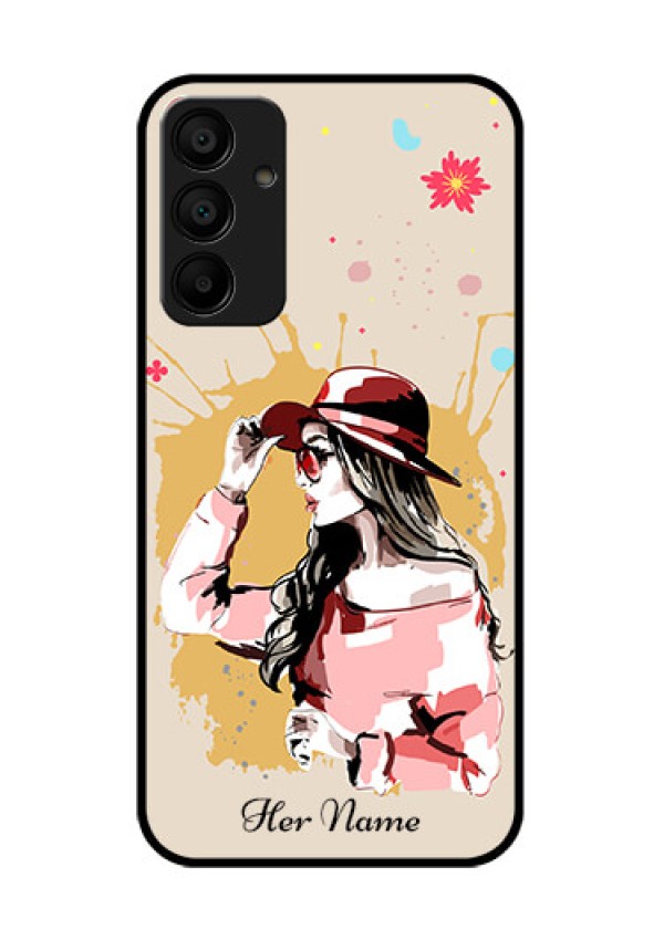 Galaxy M15 5G Custom Glass Phone Case - Women With Pink Hat Design