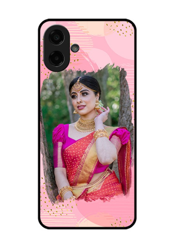 Samsung Galaxy M17e Custom Glass Phone Case - Gold Glitter Splash Design