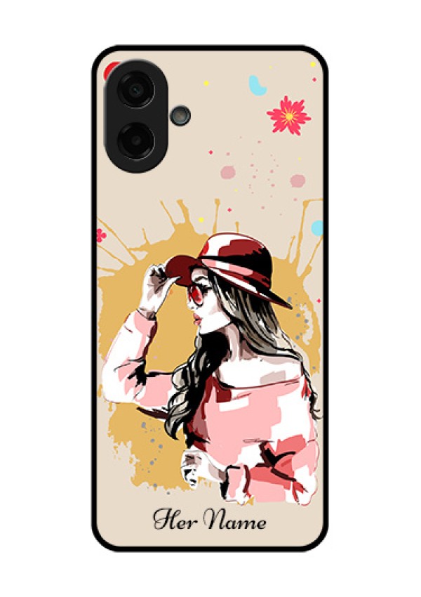 Samsung Galaxy M17e Custom Glass Phone Case - Women With Pink Hat Design