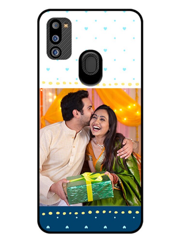 Custom Galaxy M21 2021 Edition Personalized Glass Phone Case - White and Blue Abstract Design