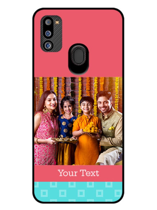 Custom Galaxy M21 2021 Edition Personalized Glass Phone Case - Peach & Blue Color Design