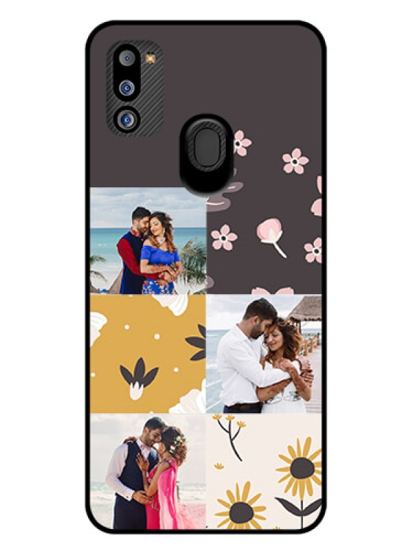 Custom Galaxy M21 2021 Edition Photo Printing on Glass Case - 3 Images with Floral Design