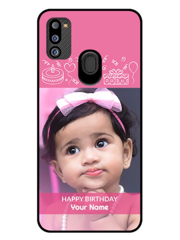 Custom Galaxy M21 2021 Edition Photo Printing on Glass Case - with Birthday Line Art Design