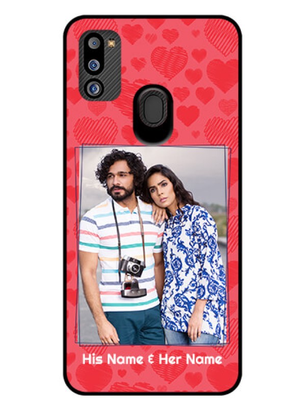 Custom Galaxy M21 2021 Edition Photo Printing on Glass Case - with Red Heart Symbols Design