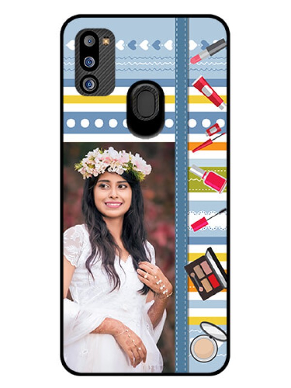 Custom Galaxy M21 2021 Edition Personalized Glass Phone Case - Makeup Icons Design