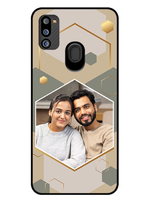 Custom Galaxy M21 2021 Photo Printing on Glass Case - Stylish Hexagon Pattern Design