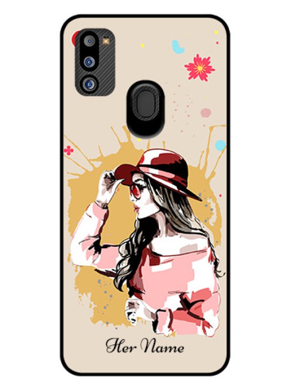 Custom Galaxy M21 2021 Photo Printing on Glass Case - Women with pink hat Design