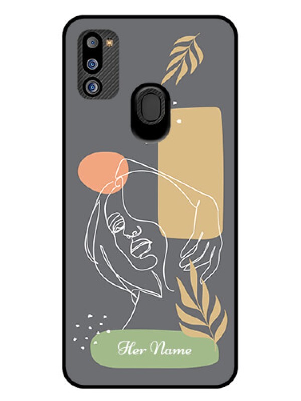 Custom Galaxy M21 2021 Custom Glass Phone Case - Gazing Woman line art Design