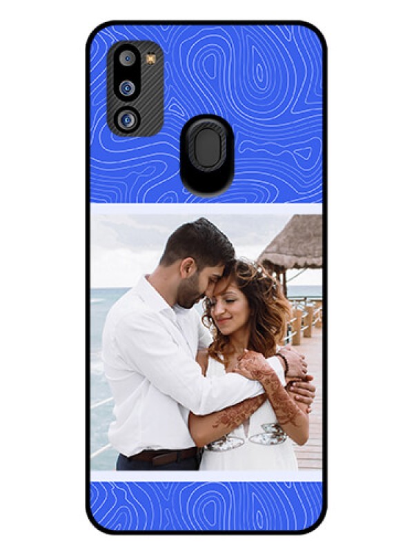 Custom Galaxy M21 2021 Custom Glass Mobile Case - Curved line art with blue and white Design