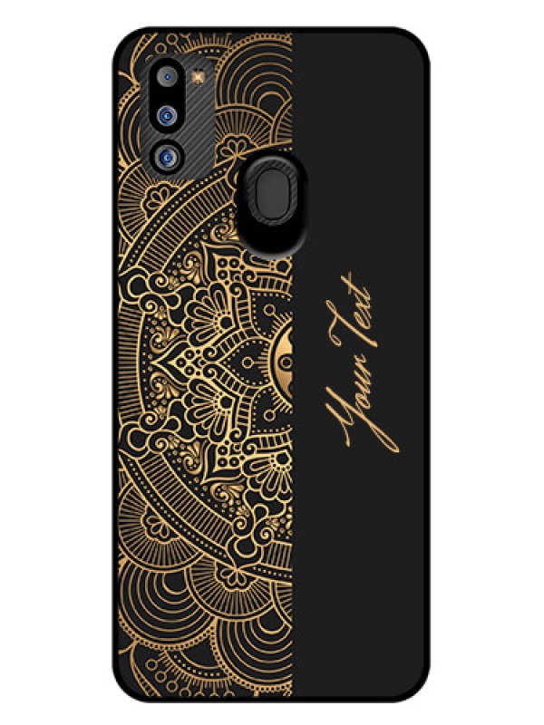 Custom Galaxy M21 2021 Photo Printing on Glass Case - Mandala art with custom text Design