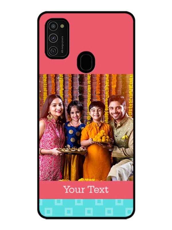 Custom Galaxy M21 Personalized Glass Phone Case  - Peach & Blue Color Design