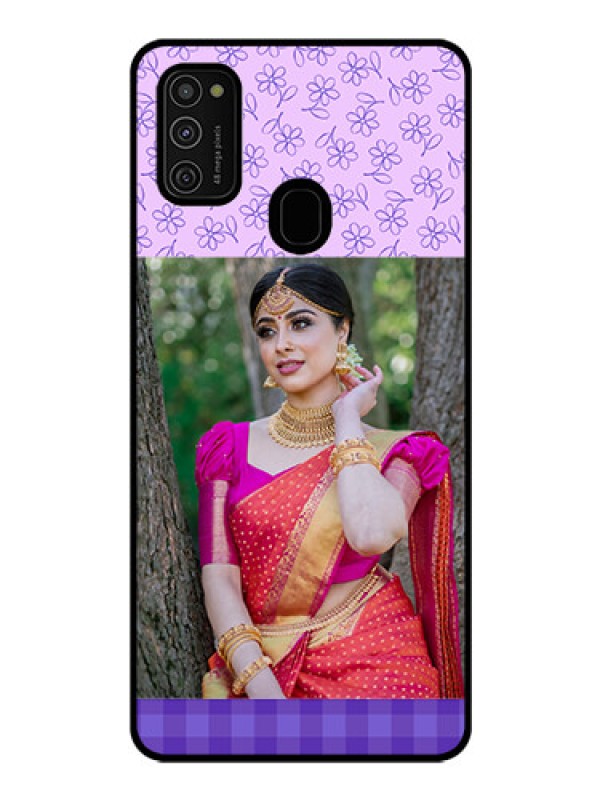 Custom Galaxy M21 Custom Glass Phone Case  - Purple Floral Design