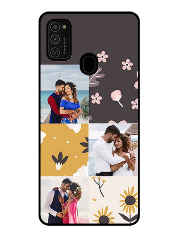 Custom Galaxy M21 Photo Printing on Glass Case  - 3 Images with Floral Design