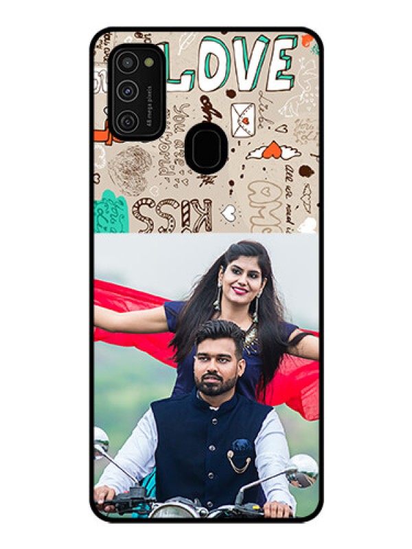 Custom Galaxy M21 Custom Glass Phone Case  - Love Doodle Pattern 