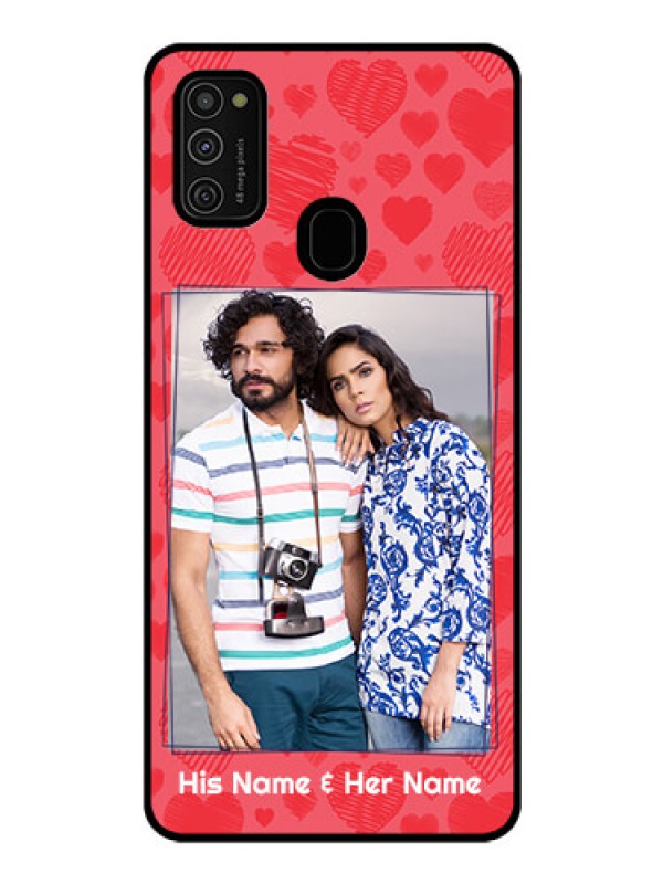 Custom Galaxy M21 Photo Printing on Glass Case  - with Red Heart Symbols Design