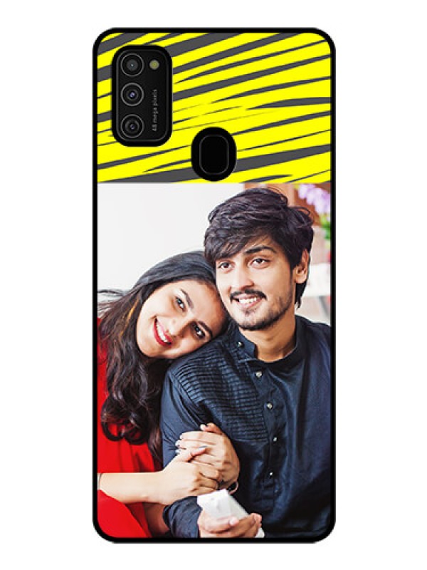 Custom Galaxy M21 Photo Printing on Glass Case  - Yellow Abstract Design