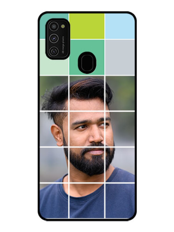 Custom Galaxy M21 Photo Printing on Glass Case  - with white box pattern 