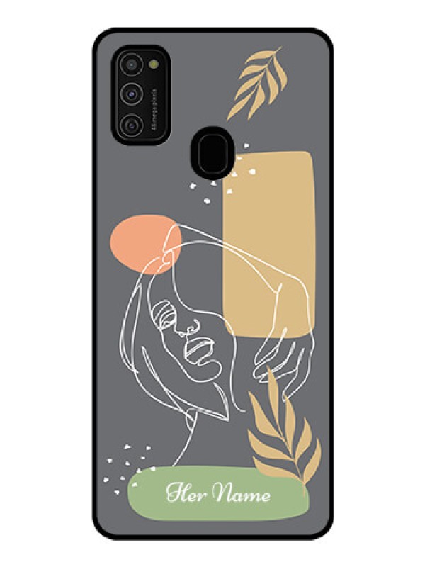 Custom Galaxy M21 Custom Glass Phone Case - Gazing Woman line art Design