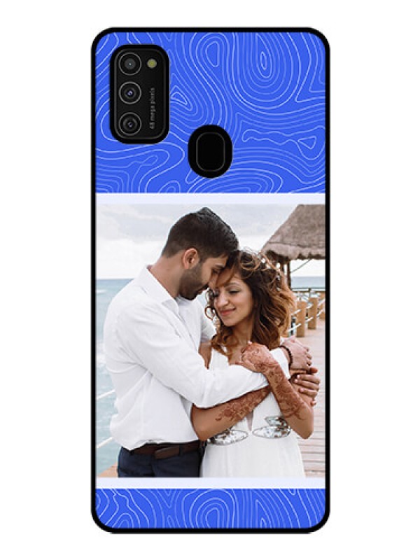 Custom Galaxy M21 Custom Glass Mobile Case - Curved line art with blue and white Design