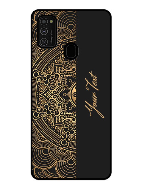 Custom Galaxy M21 Photo Printing on Glass Case - Mandala art with custom text Design
